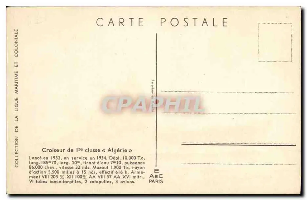 Kreuzer 1. Klasse « Algérie » — Sammlung der Seefahrt- und Kolonialliga — Verlag Paris - Rückseite