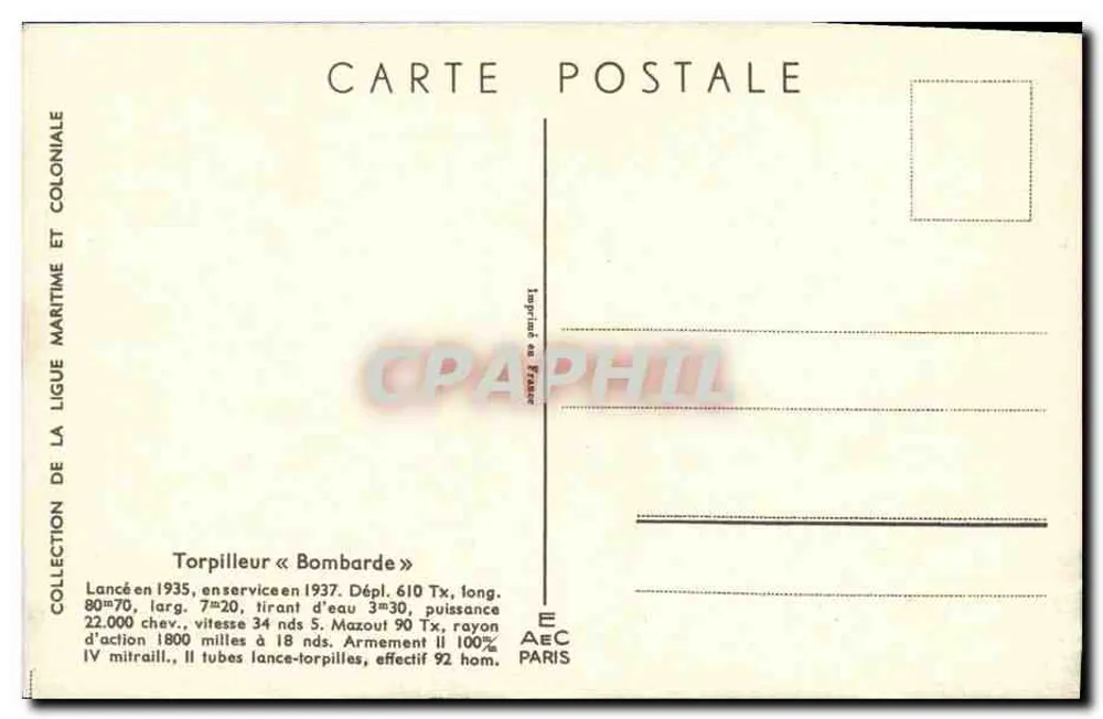 Torpilleur Bombarde — navio de guerra francês — editor E.A.E.C. Paris - Verso