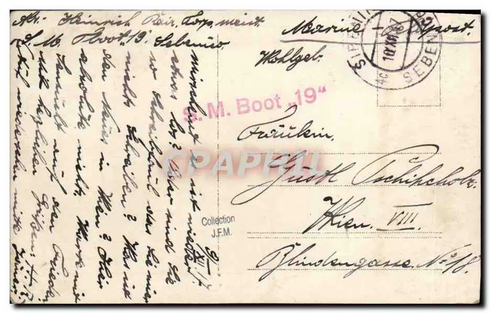 S.M. Boot 19 — U-Boot am Kai — Verlag: Marine-Postamt Seeben - Rückseite