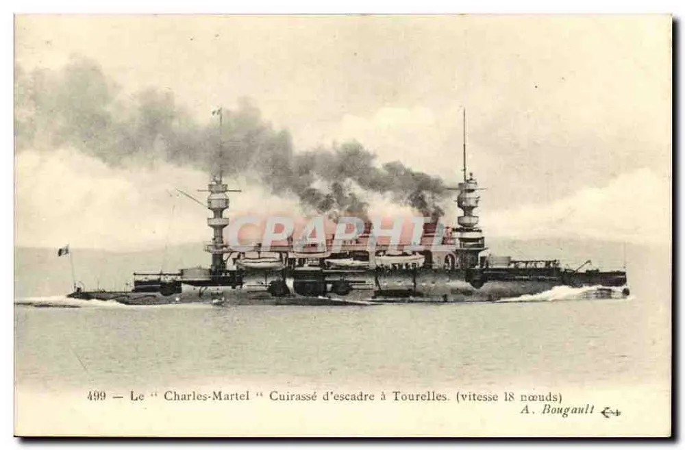 Das "Charles-Martel" Schlachtschiff mit Türmen — Geschwindigkeit 18 Knoten — A. Bougault n°499 - Vorderseite