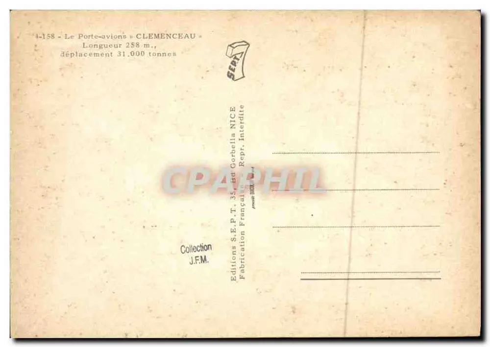 Porte-avions « CLEMENCEAU » — vue de profil en mer — Éditions S.E.P.T. F.M. NICE - Verso