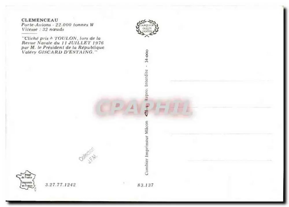 Flugzeugträger Clemenceau — in Toulon während der Seerevue — Verlag J.F.M. n° 34-000 - Rückseite