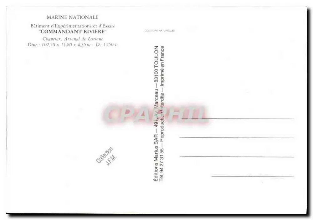 Comandante Riviere — Corveta da Marinha Nacional — Éditions Maritus BAR - Verso