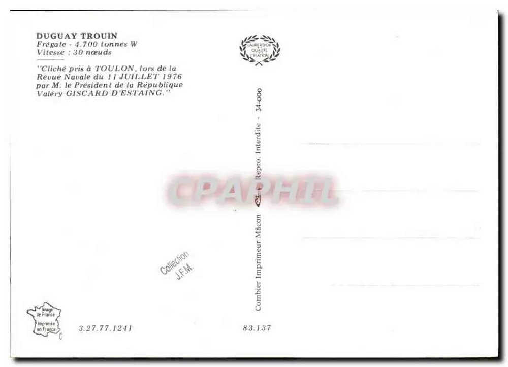 Frégate DUGUAY TROUIN — 4.700 ton W — fotografowana w Toulon podczas pokazu morskiego 11 lipca 1976 — Imprimeur J.F.M. - Rewers