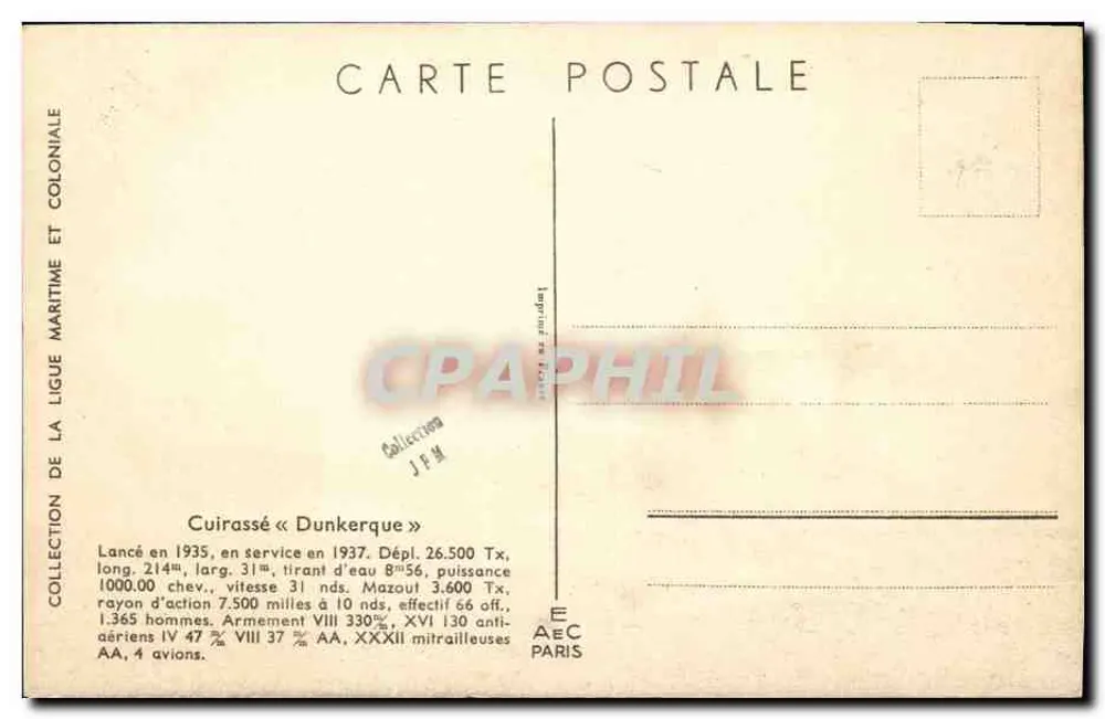 Cruiser « Dunkerque » — Coleção da Liga Marítima e Colonial — Editor JEM Paris - Verso