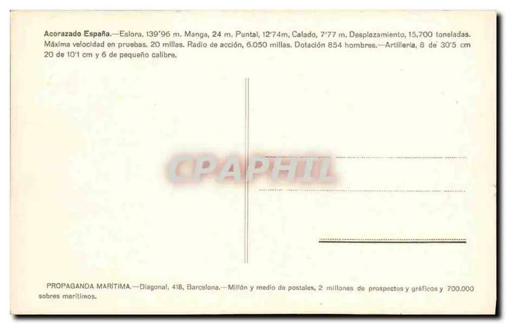 Navio de guerra Espanha — Propaganda Marítima, Barcelona - Verso