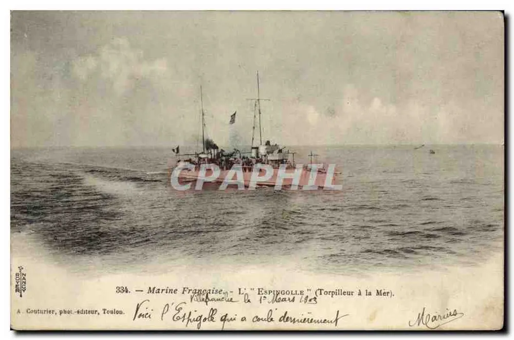 Die "Espingolle" — Torpedoboot auf See — A. Couturier, Fotoverlag, Toulon, Nr. 334 - Vorderseite