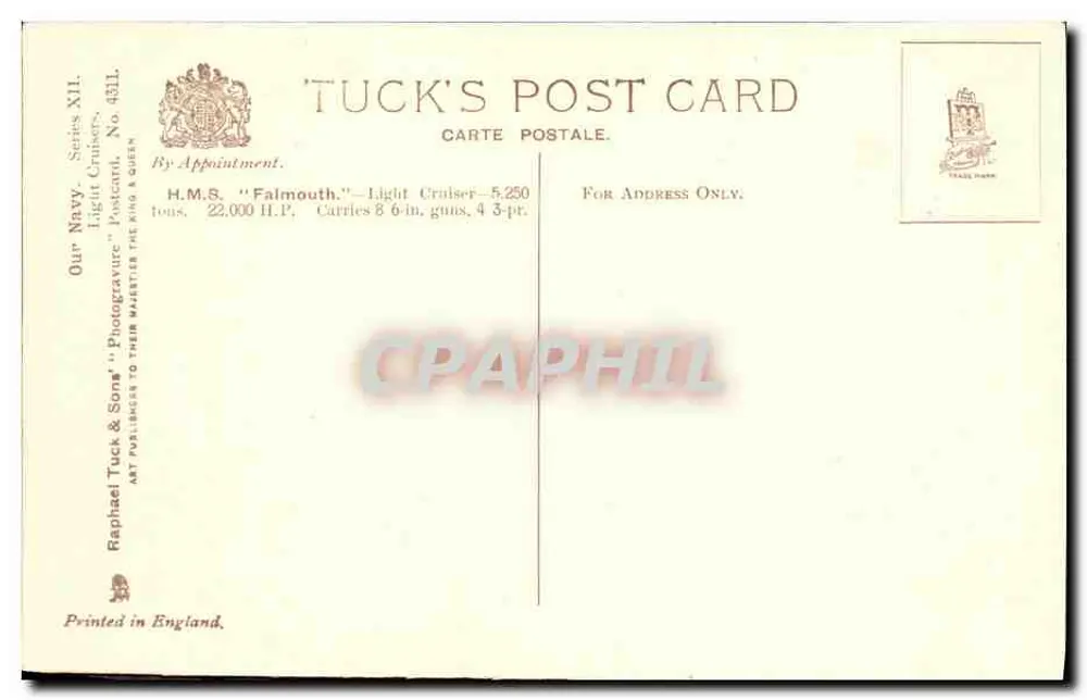 H.M.S. "Falmouth" — Cruizer leve — Tuck & Sons, série XII, n° 431L - Verso