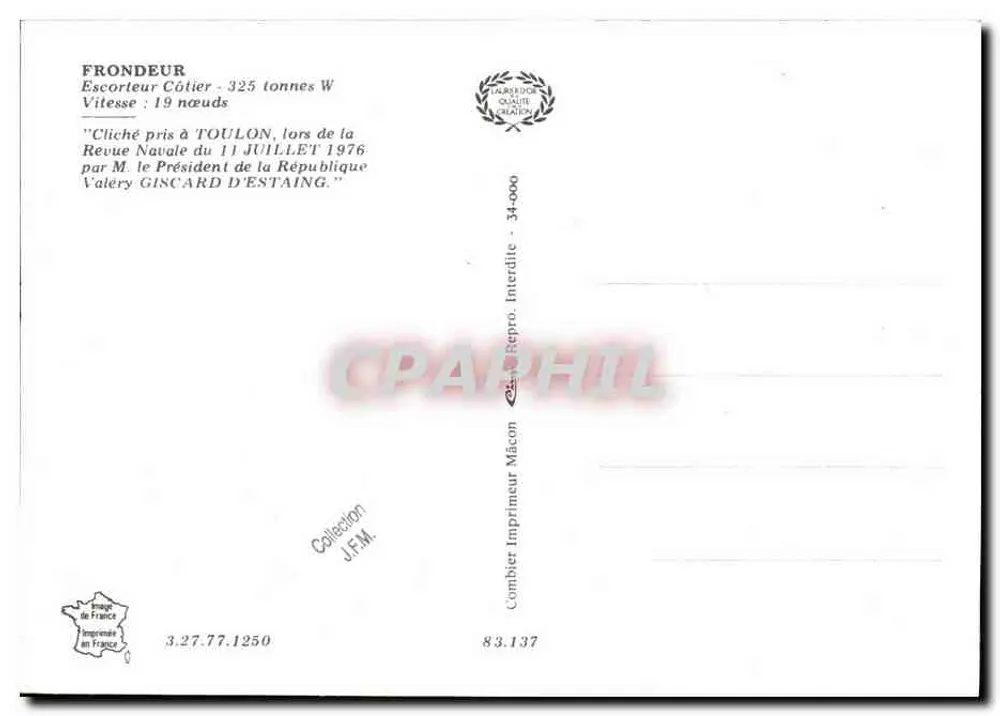Frondeur — Escorteur Côtier — Imprimeur Combier - Verso
