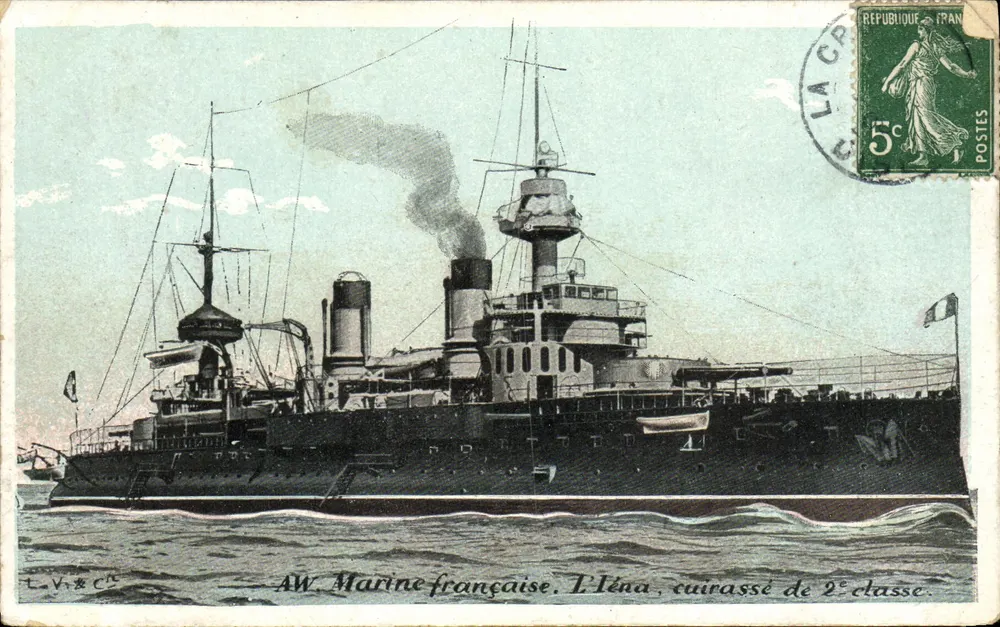 Marine französisch. Die Iéna, Schlachtschiff zweiter Klasse — Verlag L.V.&C. — 5c Republik Frankreich Stempel - Vorderseite