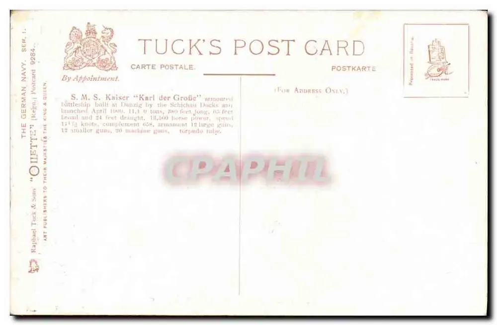S.M.S. Kaiser Karl der Große — navio de guerra alemão — Tuck's Post Card, série 9284 - Verso