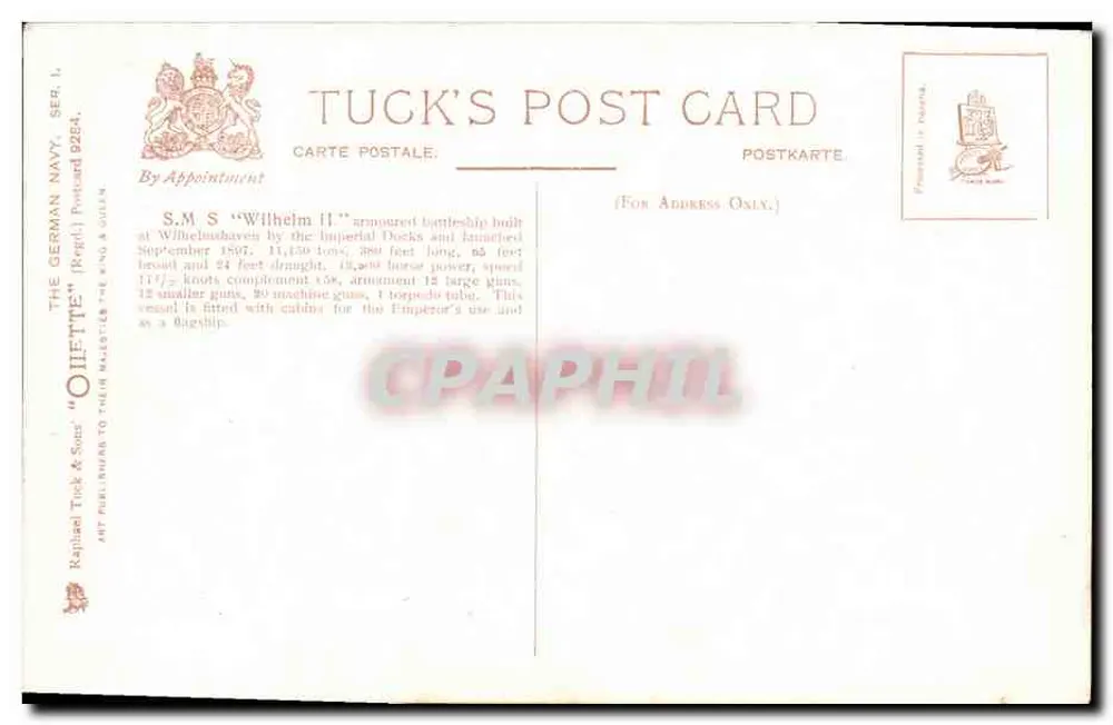 S.M.S. "Wilhelm II" — encouraçado alemão — Tuck's Post Card, série 9264 - Verso