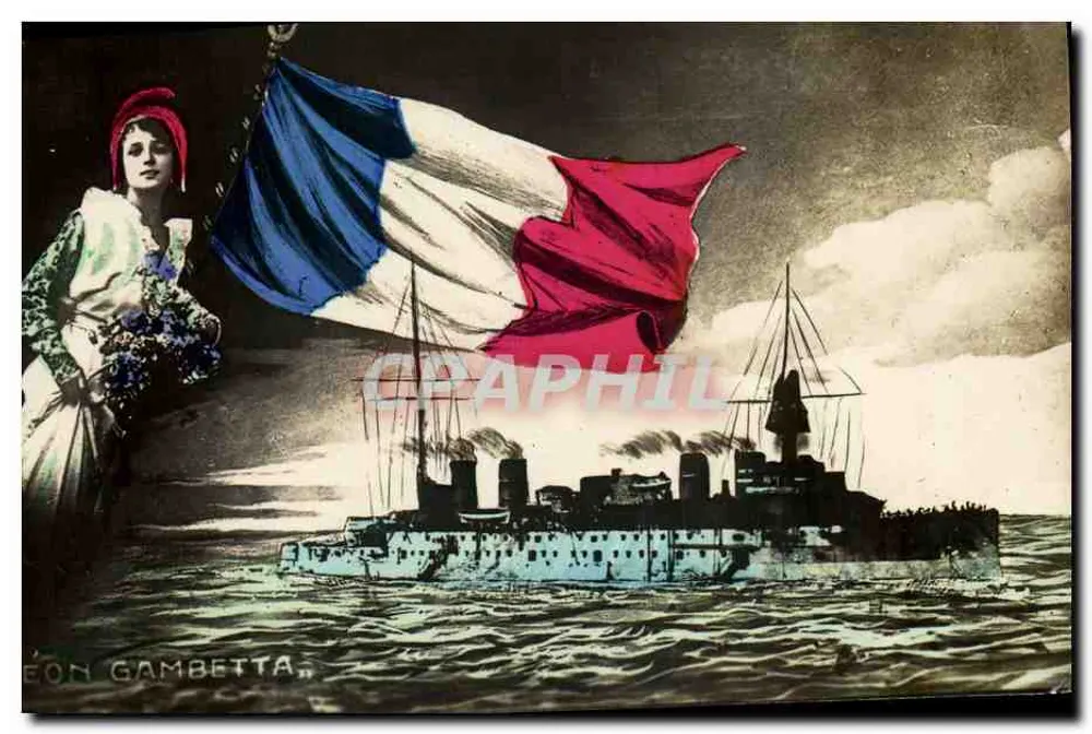 Marine française — Bateau de guerre avec figure de Marianne — Éditeur : LEON GAMBETTA - Anverso
