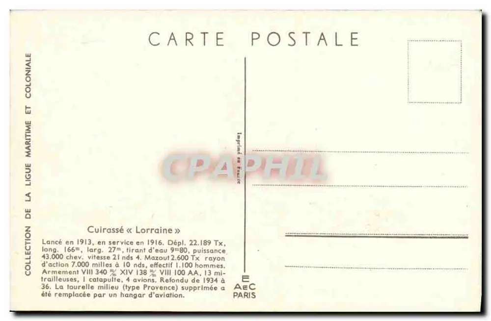 Cruiser « Lorraine » — Coleção da Liga Marítima e Colonial — Editor AEC Paris - Verso