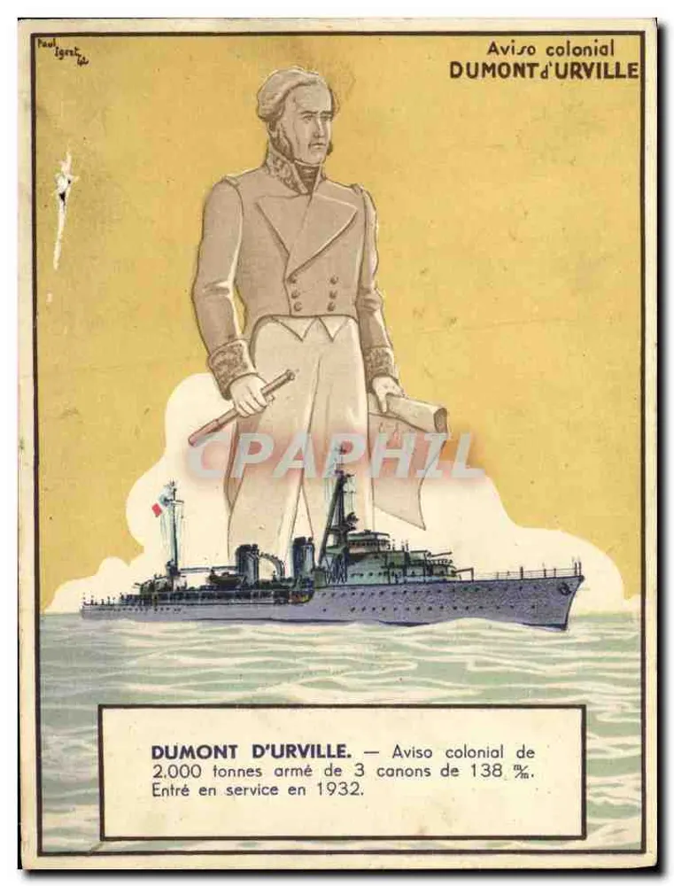 Aviso colonial DUMONT D'URVILLE — illustration avec portrait et navire — Paul Igrret - Recto
