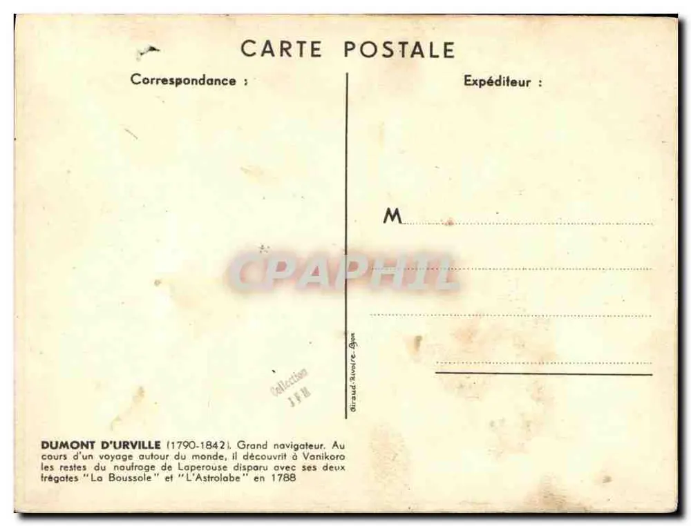 Aviso colonial DUMONT D'URVILLE — illustration avec portrait et navire — Paul Igrret - Verso