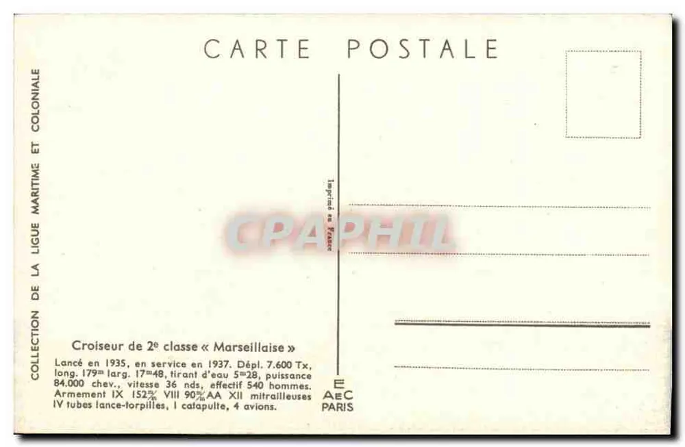 Cruiser de 2ª classe «Marseille» — Coleção da Liga Marítima e Colonial — Editor AEC Paris - Verso