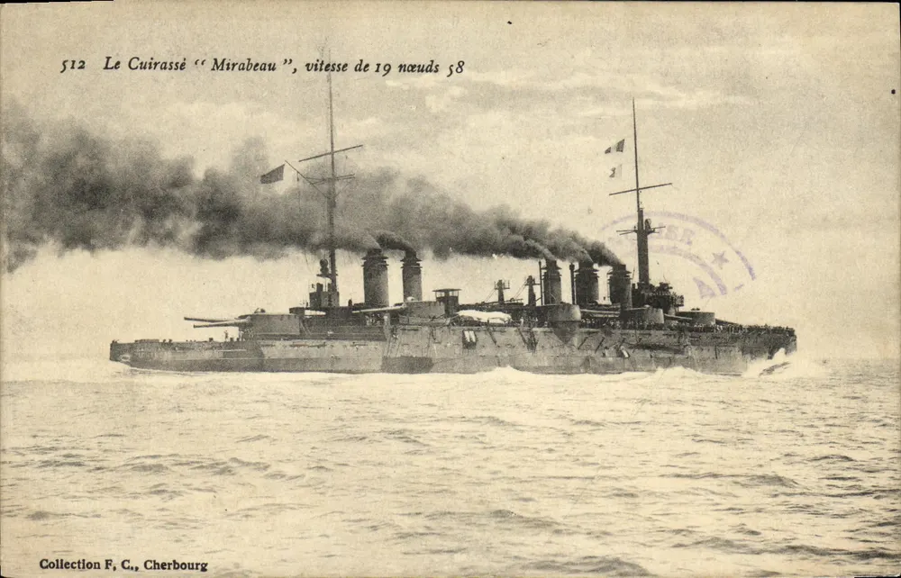 Das Schlachtschiff "Mirabeau" — Geschwindigkeit von 19 Knoten — Sammlung F., Cherbourg - Vorderseite