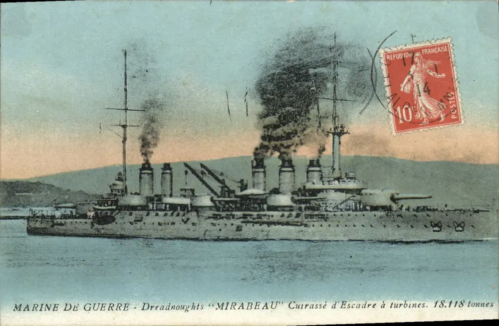 Marinekräfte - Dreadnoughts "Mirabeau" — Schlachtschiff mit Turbinen. 18.118 Tonnen - Vorderseite