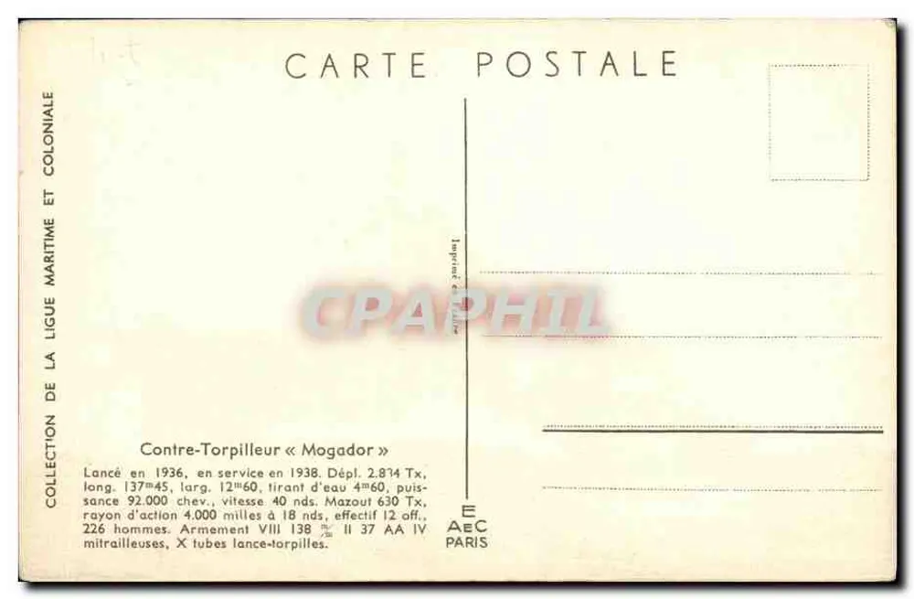 Zerstörer « Mogador » — Sammlung der Seefahrts- und Kolonialliga — Verlag AEC Paris - Rückseite