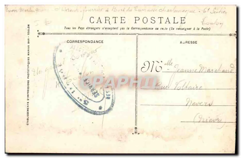 Schiff PARIS verlässt seinen Heimathafen — Verlag: Marius Bar Phototypische Druckerei - Toulon - Rückseite