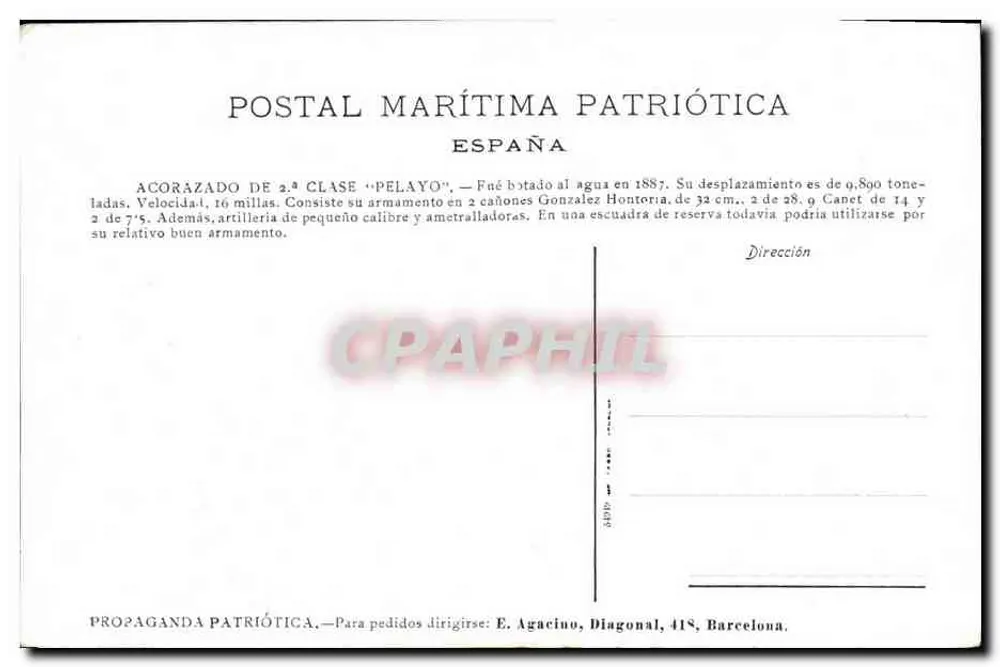 Cruiser da classe « Pelayo » — Espanha — Propaganda Patriótica, Barcelona - Verso