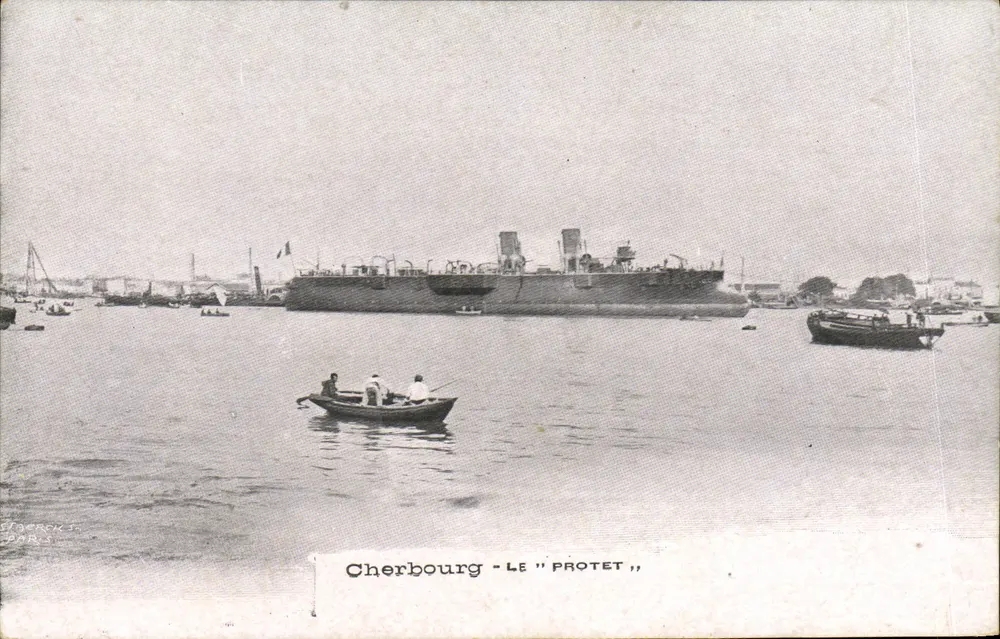 Cherbourg - O "Protet" — vista portuária com navio e barco — editor BORDENES, PARIS - Frente