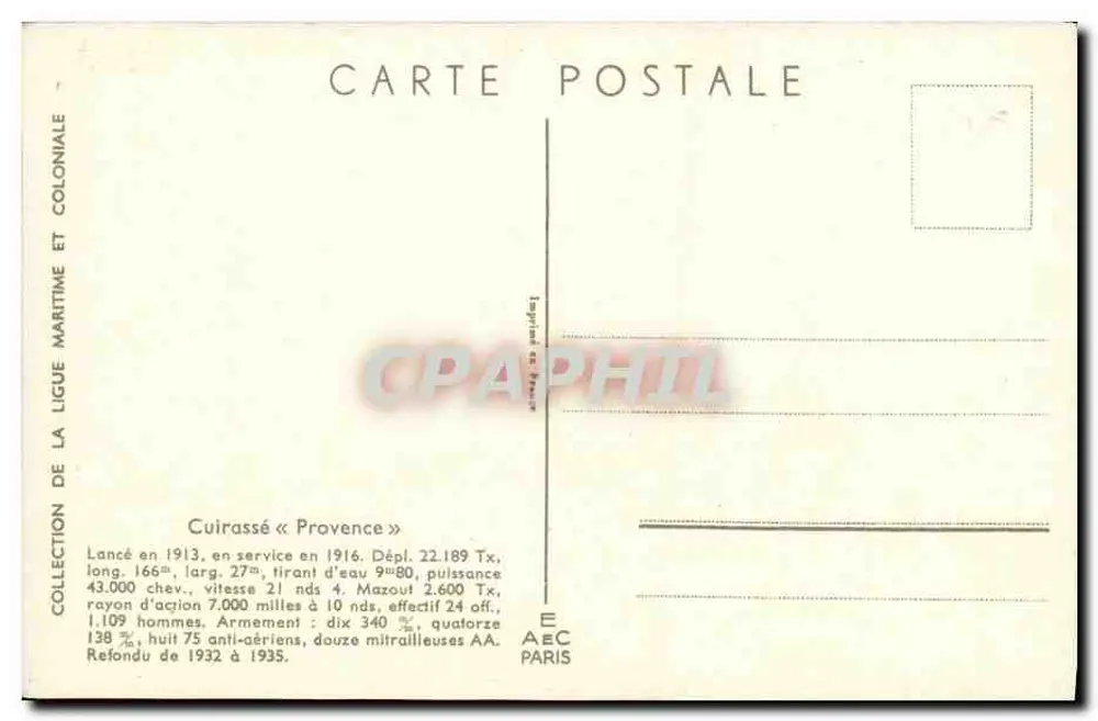 Cruzador « Provence » — Coleção da Liga Marítima e Colonial — Editor AEC Paris - Verso
