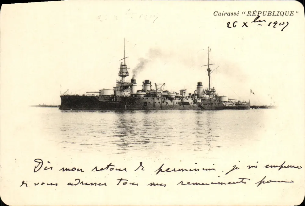 Cuirassé "RÉPUBLIQUE" — navire de guerre français en mer — éditeur inconnu, n° de série 20 X - Vorderseite