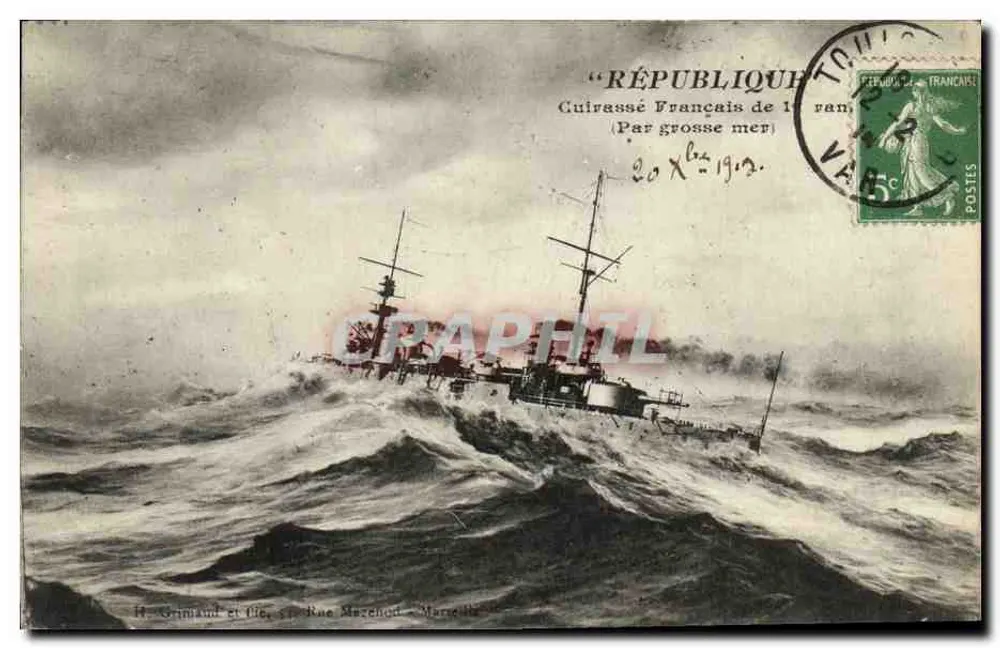 Schwere französische Schlachtschiff — durch stürmische See — H. Grimaud et Cie, Rue Marchenod - Marseille - Vorderseite