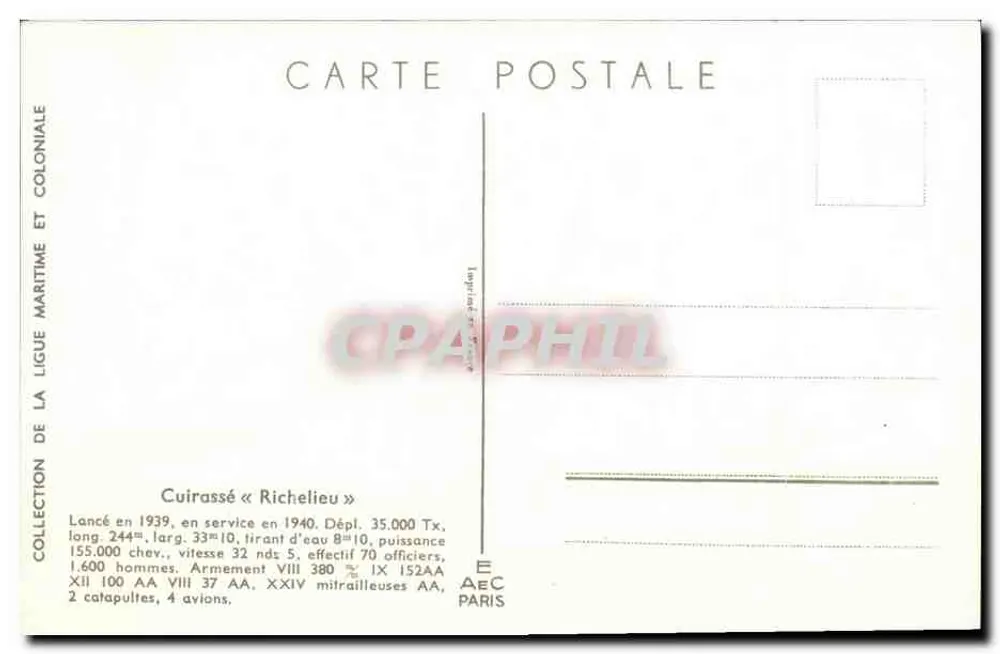 Cruzador « Richelieu » — Coleção da Liga Marítima e Colonial — Editor Paris - Verso