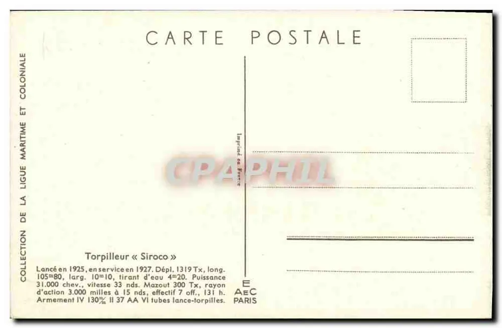 Torpilleiro « Siroco » — Coleção da Liga Marítima e Colonial — Editor Paris - Verso