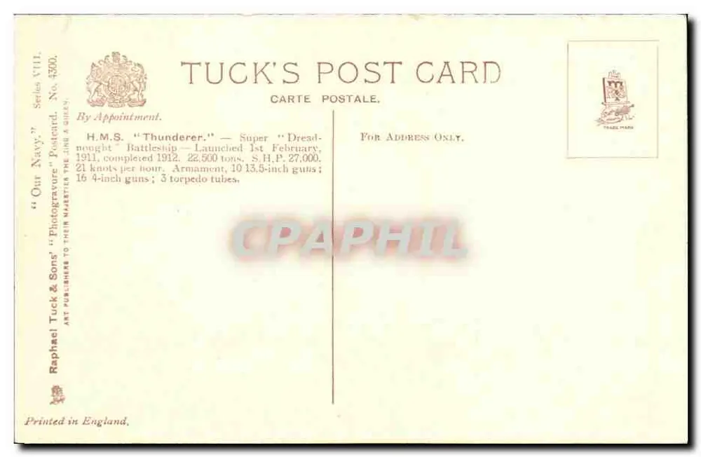 H.M.S. "Thunderer" — Super Dreadnought Battleship — Tuck's Post Card, Seria VIII, nr 4300 - Rewers