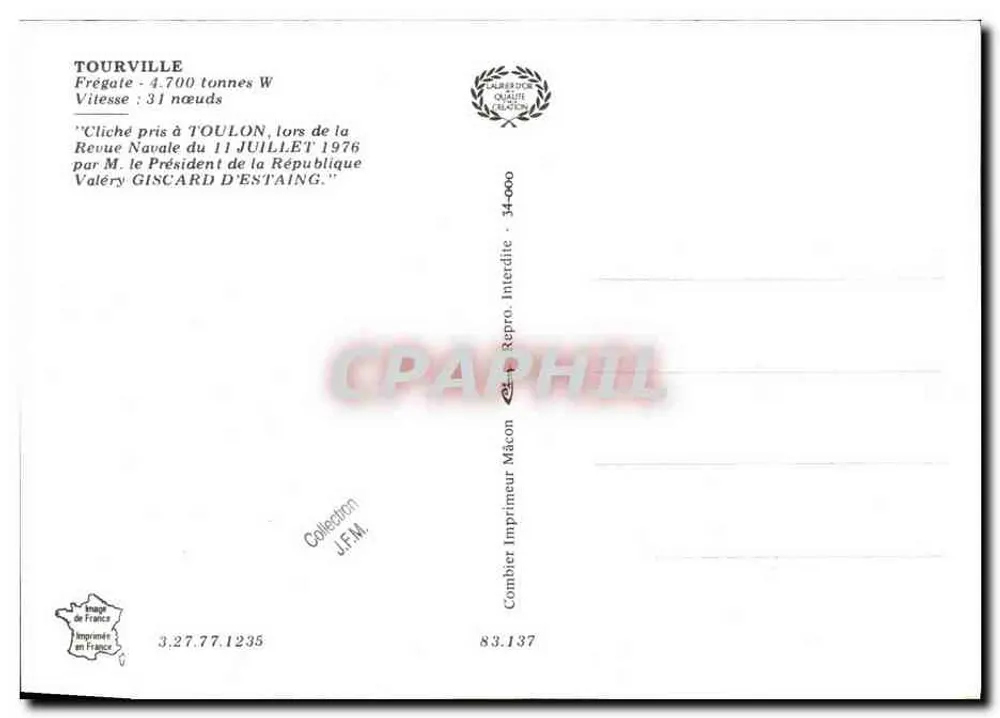 Tourville — Fragata — Impressor J.F.M. n° 83.137 - Verso