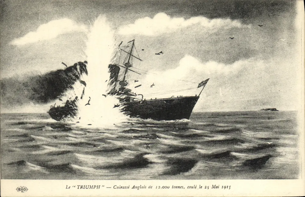 Der "TRIUMPH" — englisches Schlachtschiff von 12.000 Tonnen, gesunken am 25. Mai 1915 — E. Le Dûry - Vorderseite