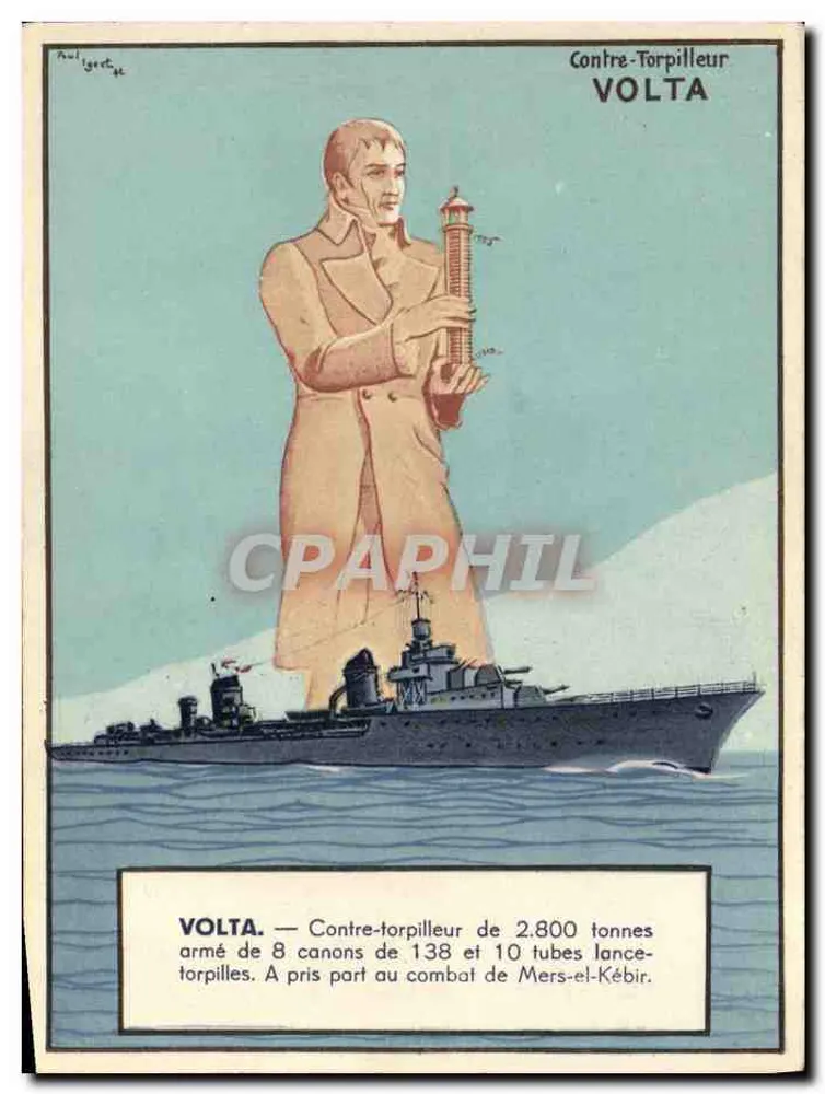 Contratorpedeiro VOLTA — Ilustração com retrato de Volta — Editor: Giraud & A. Gen - Frente