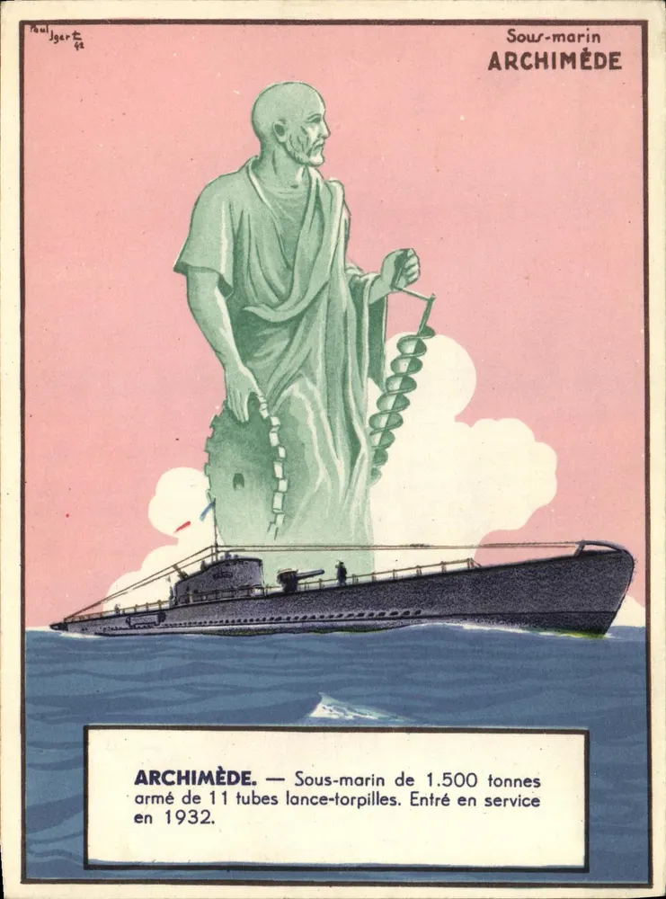 Submarino ARCHIMÈDE — ilustração com estátua de Arquimedes — Paul Jgart 42 - Frente