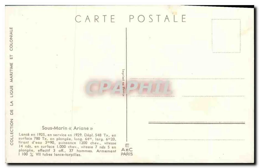 Submarino Ariane — ilustración de L. Kaffner — Colección de la Liga Marítima y Colonial - Reverso