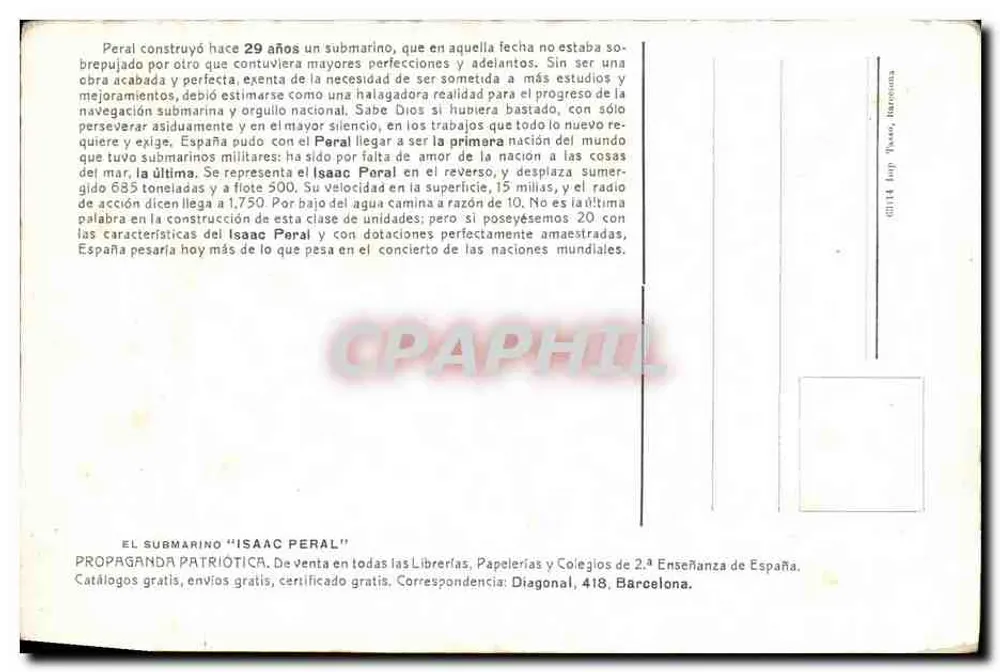 Submarino Isaac Peral — 1919 — Editora: C. P. T. Barcelona - Verso