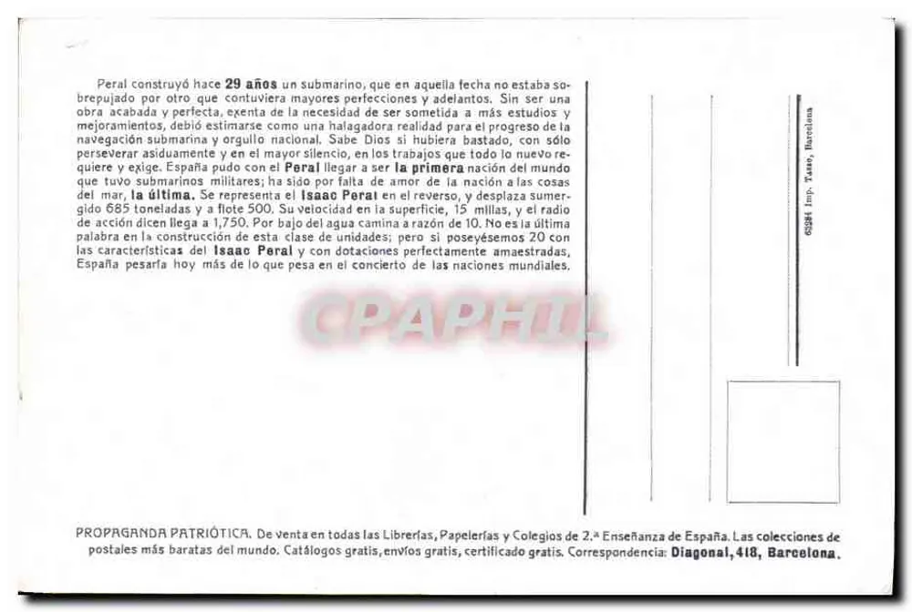 Submarino Isaac Peral — Verlag Imp. Tasso, Barcelona, Nr. 60384 - Rückseite