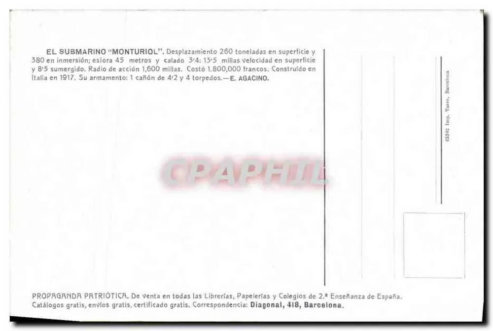 U-Boot 'Monturiol' — Patriotische Propaganda — Verleger E. Agacino, Barcelona - Rückseite
