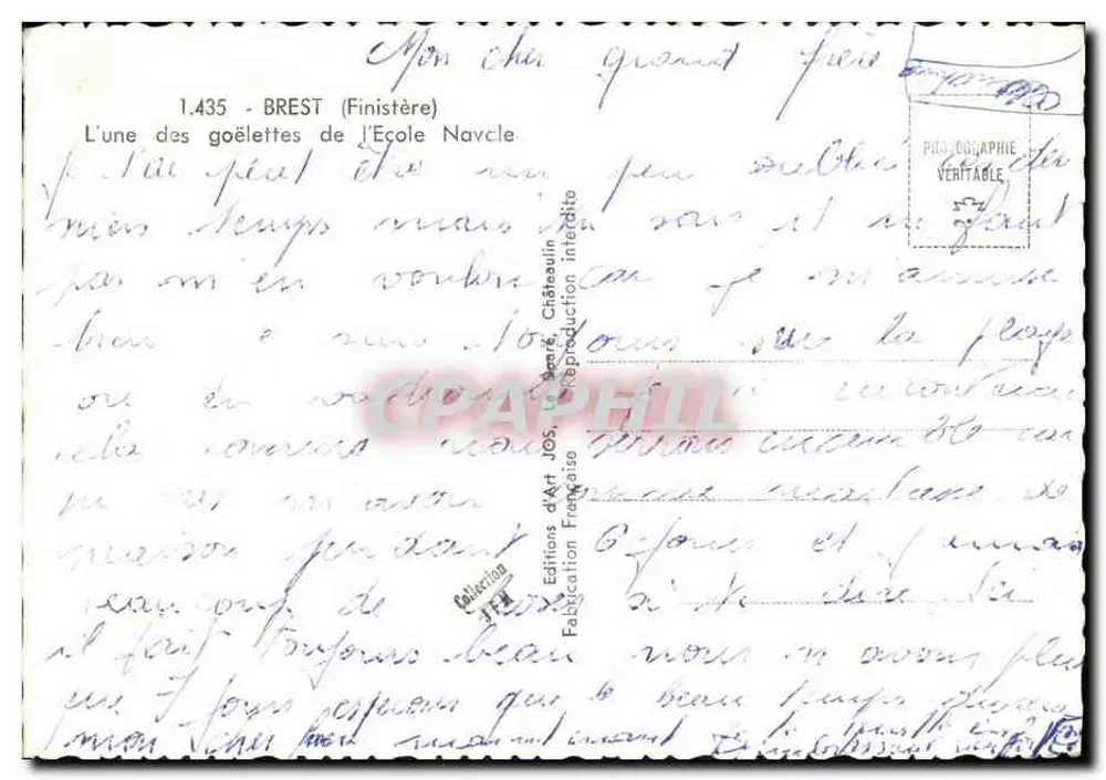 Brest (Finistère) — Uma das goeletas da Escola Naval — Edições d'Art Jos - Verso