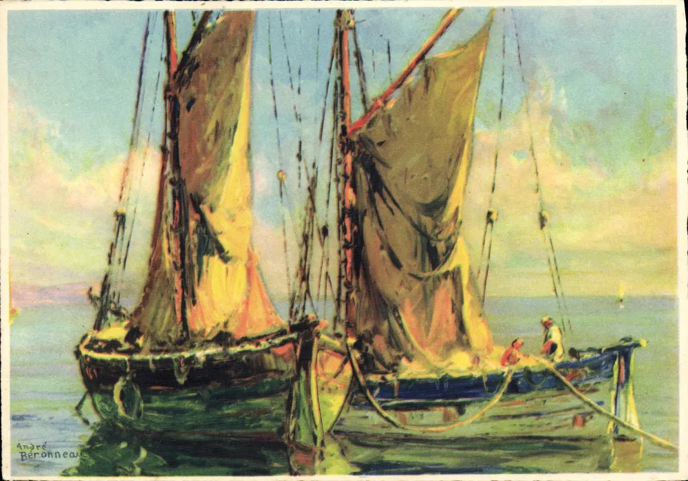 Dois barcos a vela com velas desdobradas — pintura de André Béronneau — editor não visível - Frente
