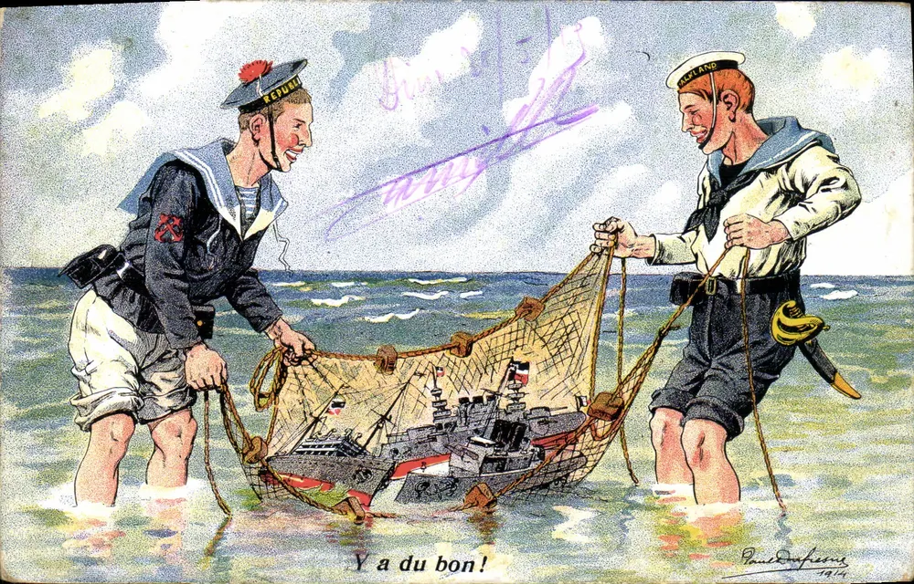Dois marinheiros pescando um navio — Paul Dufleurs — 1914 - Frente