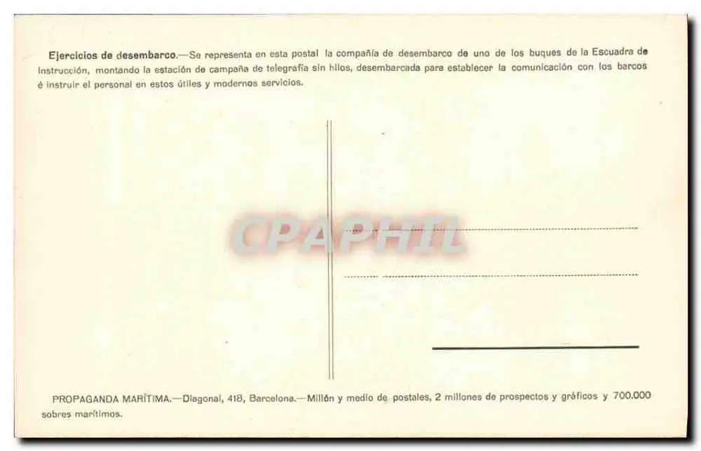 Exercício de desembarque — Companhia de instrução montando uma estação de telegrafia sem fio — Propaganda Marítima, Barcelona - Verso