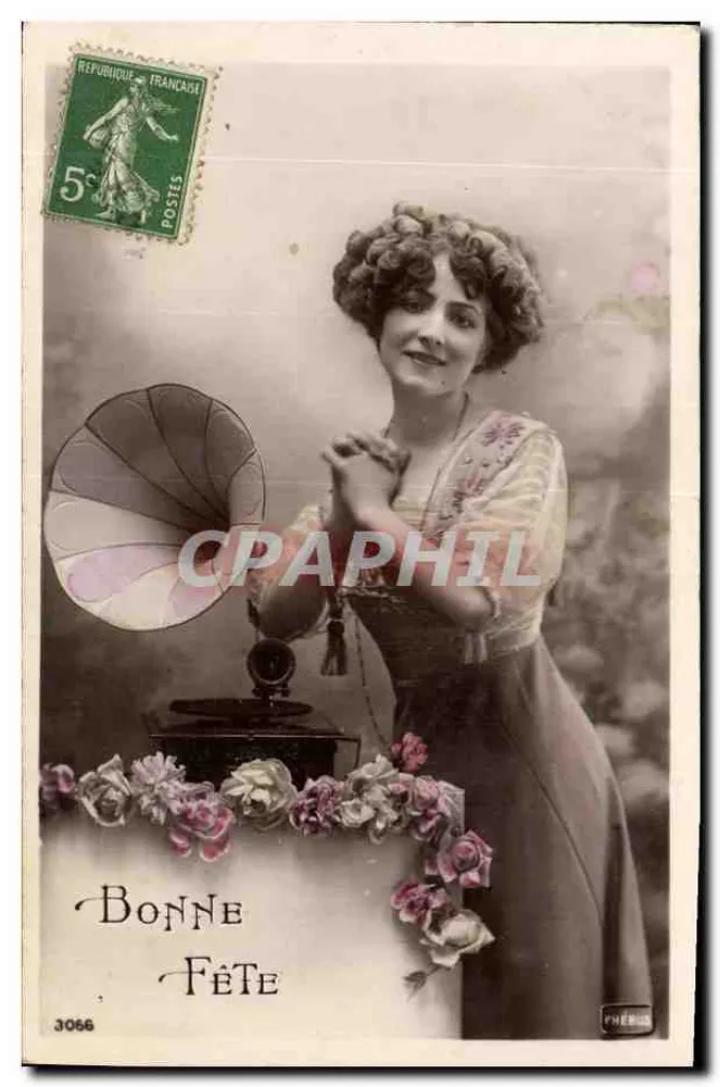 Frau mit Grammophon — Bonne Fête — Phéris, n° 3066 - Vorderseite