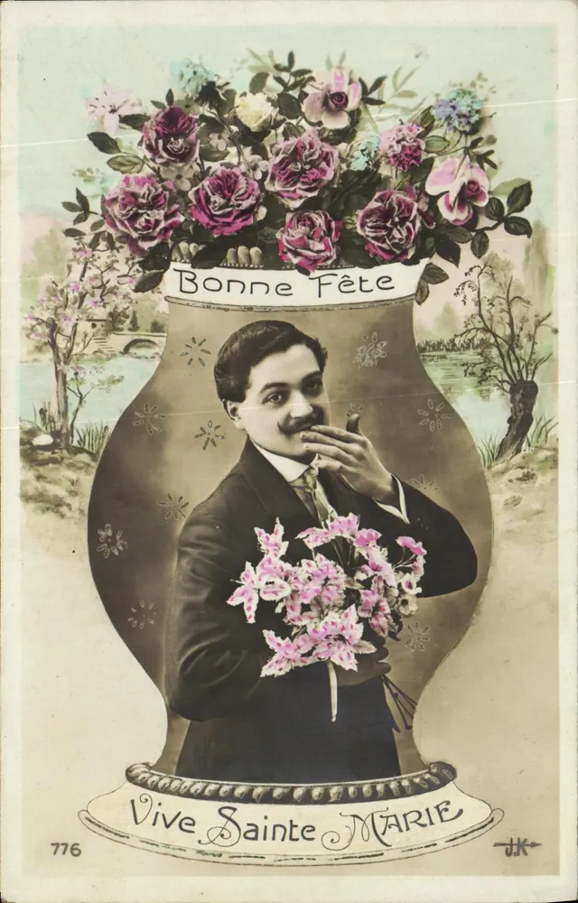 Vase aus Rosen — Mann im Anzug mit Blumenstrauß — Verlag JK, Nr. 776 - Vorderseite