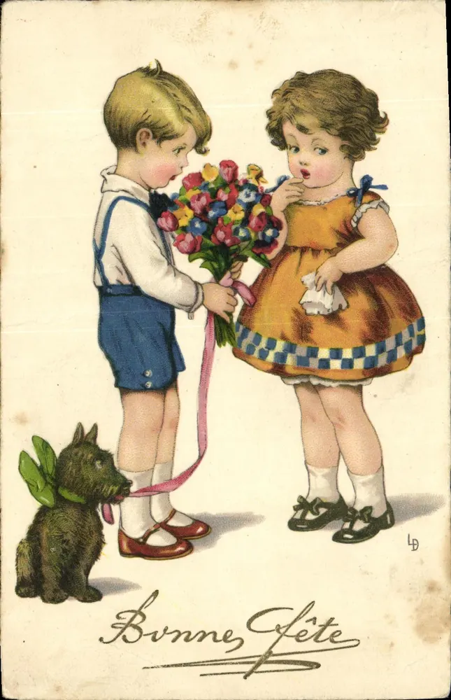 Kind, das einem Mädchen einen Blumenstrauß überreicht — LD — n°30883 - Vorderseite