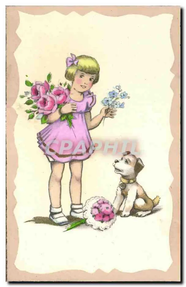Mädchen und Hund mit Blumensträußen — Verlag CSA, Nr. 568 - Vorderseite