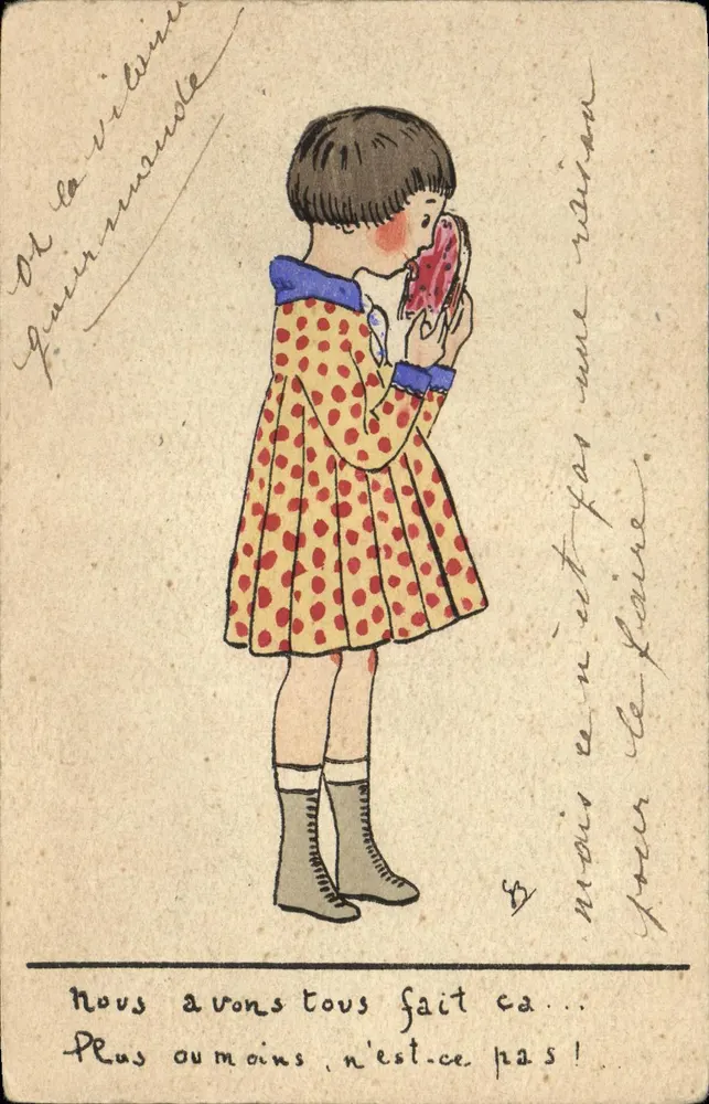 Mädchen in einem Kleid mit Punkten, das eine Erdbeere isst — Verlag COLOR, Paris - Vorderseite